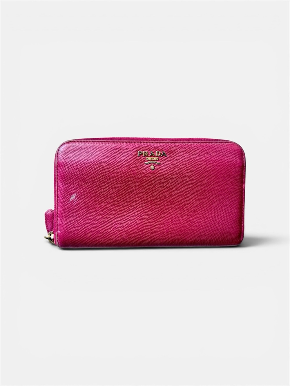 Prada Fuchsia Pink Saffiano Leather Zip Around Continental Wallet with Gold Logo